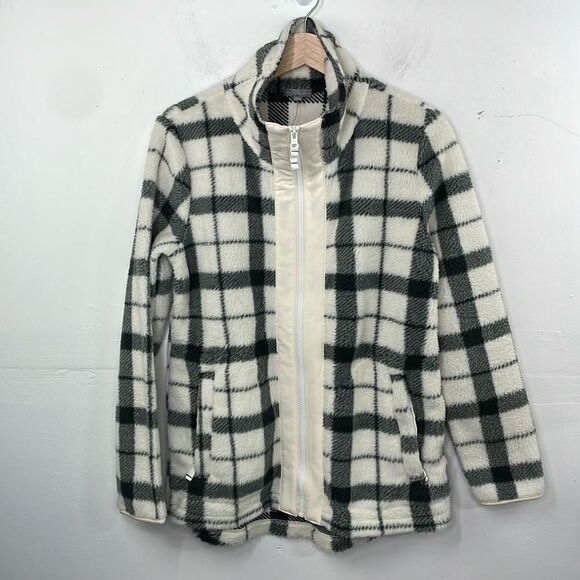 T by TALBOTS Fleece Jacket Womens cream black Plaid Full Zip Soft Pockets Small - Picture 1 of 13